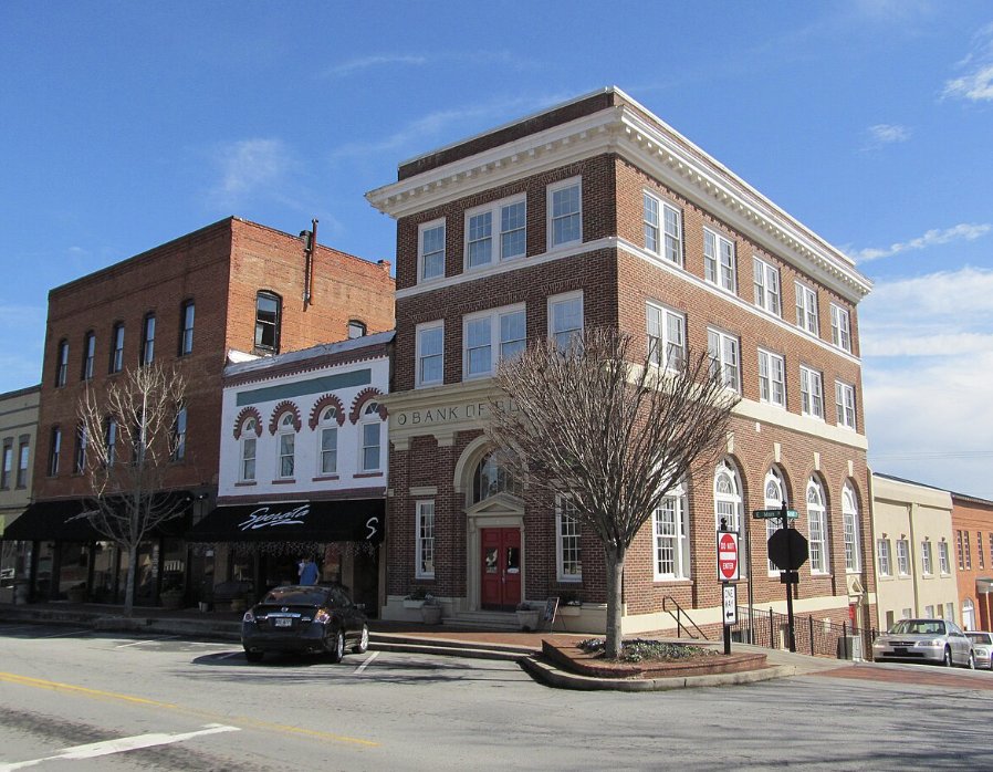 The historic Bank of Buford building at 3 E Main Street in downtown Buford, Georgia